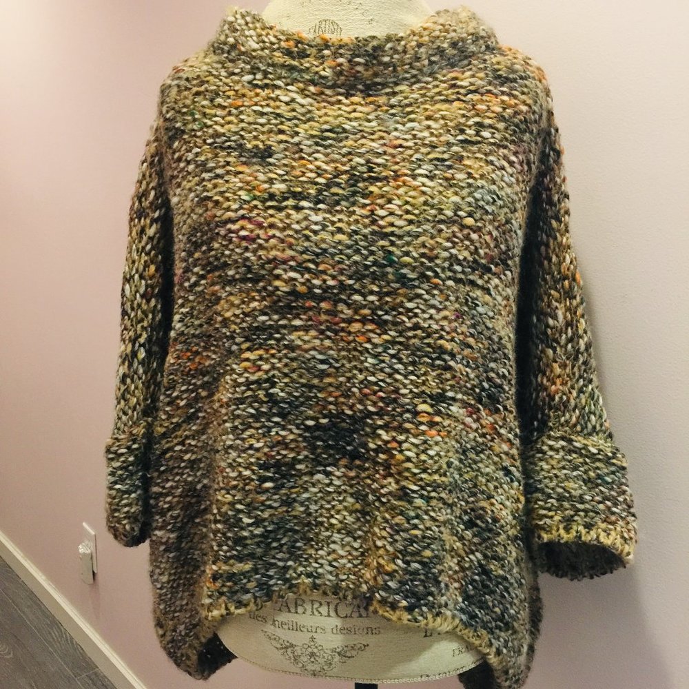 Size M Zara Knit Italian Yarn Beige Brown Mixed Color Cocoon Poncho Sweater
